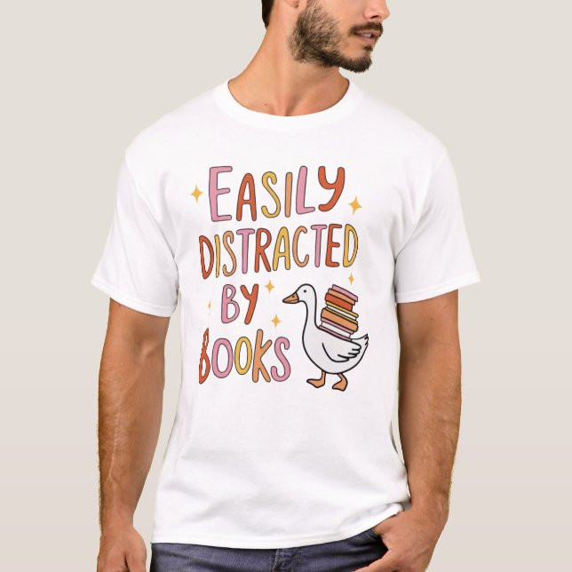 Easily Distracted by Books – Cute Goose with Books T-Shirt (Front)