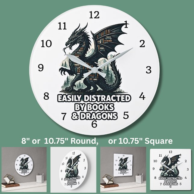 Easily Distracted By Books & Dragons Large Clock (Creator Uploaded)