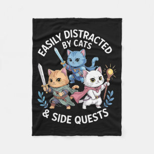 Easily Distracted By Cats & Side Quests Funny Fleece Blanket