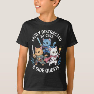Easily Distracted By Cats & Side Quests Funny T-Shirt
