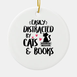 Easily Distracted by Cats and Books - Cat & Book L Ceramic Tree Decoration