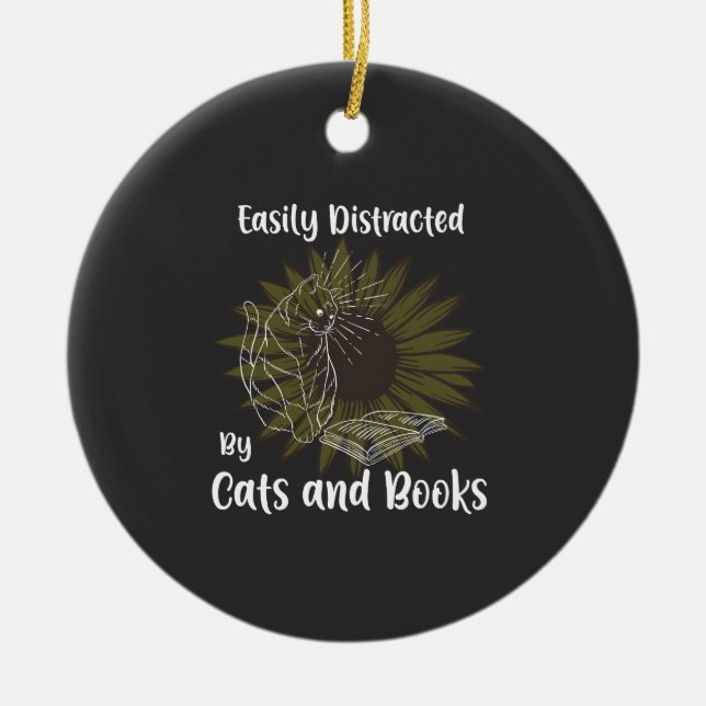 Easily Distracted by Cats and Books Ceramic Tree Decoration (Front)
