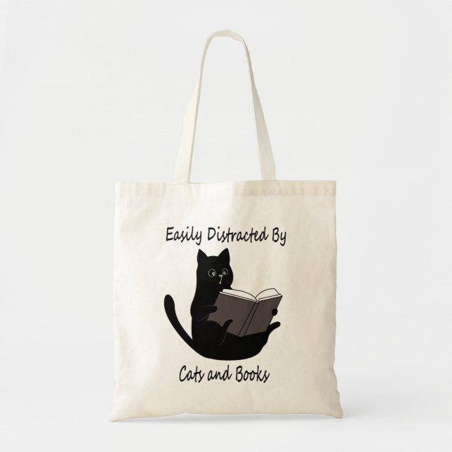 Easily Distracted By Cats And Books, Cute Cat Gift Tote Bag (Front)