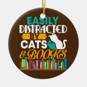 Easily Distracted By Cats And Books Funny Book Ceramic Tree Decoration