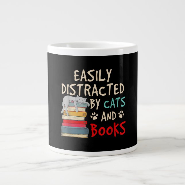 Easily Distracted by Cats and Books | Funny Cat Large Coffee Mug (Front)