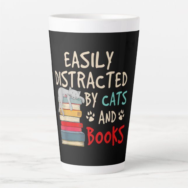 Easily Distracted by Cats and Books | Funny Cat Latte Mug (Front)