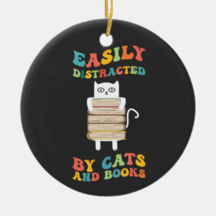 Easily Distracted By Cats And Books groovy funny  Ceramic Tree Decoration