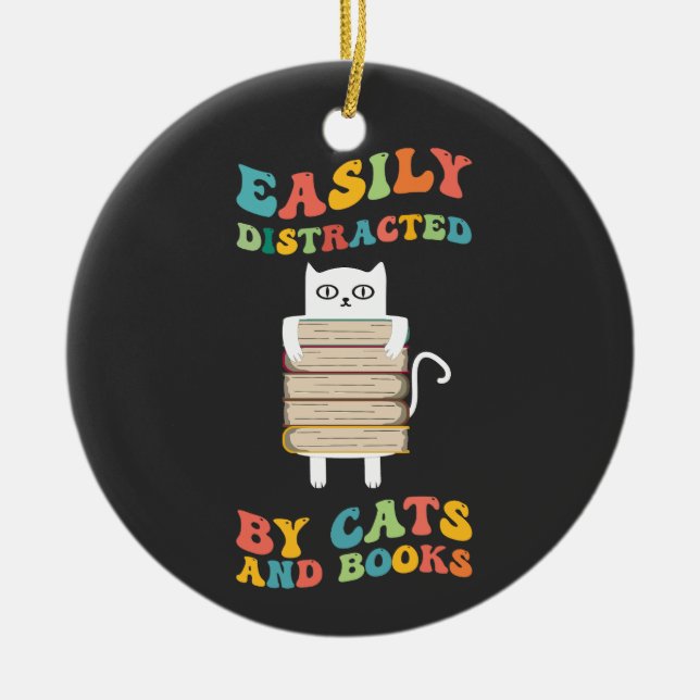 Easily Distracted By Cats And Books groovy funny  Ceramic Tree Decoration (Front)