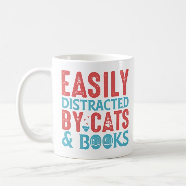 Easily Distracted by Cats and Books mug (Left)
