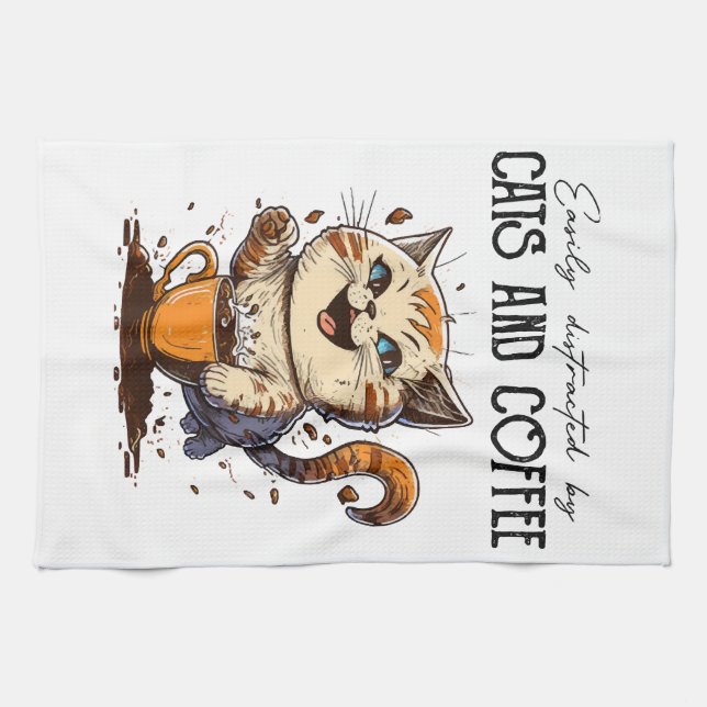 Easily Distracted By Cats And Coffee Cat Lovers Co Tea Towel (Horizontal)