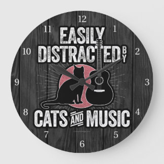 Easily Distracted by Cats and Music Large Clock