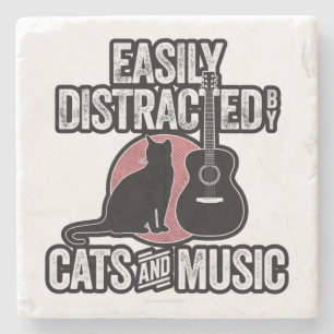 Easily Distracted by Cats and Music Stone Coaster