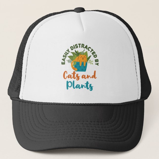 Easily Distracted by Cats and Plants Cat Lover Trucker Hat (Front)