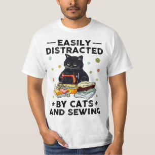 Easily Distracted By Cats And Sewing, Black Cat Fa T-Shirt