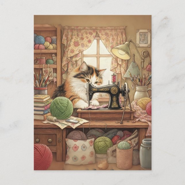 Easily Distracted By Cats And Sewing - Cat Sewing Postcard (Front)