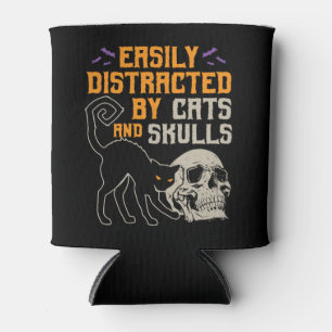 Easily Distracted by Cats and Skulls Halloween Can Cooler