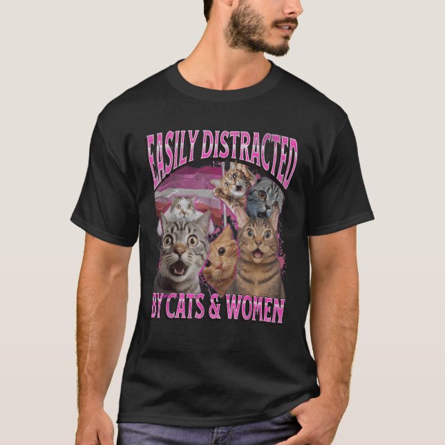 Easily Distracted By Cats And Women Funny Lesbian  T-Shirt (Front)
