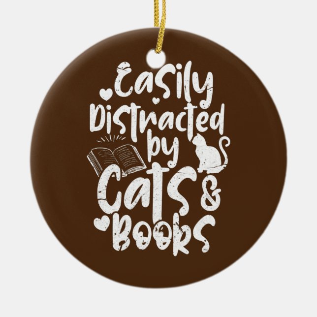 Easily Distracted By Cats Books Book Cat Reading Ceramic Tree Decoration (Front)