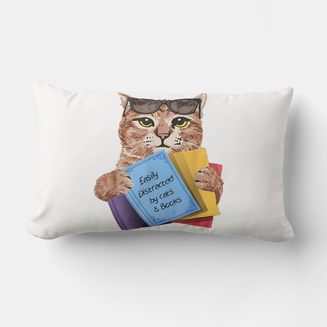 Easily Distracted By Cats _ Books Cat Book Cute Lumbar Cushion (Front)