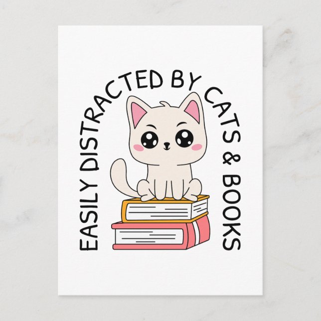 Easily Distracted by Cats & Books Funny Cat & Book Postcard (Front)