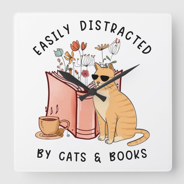 Easily Distracted By Cats & Books Square Wall Clock (Front)