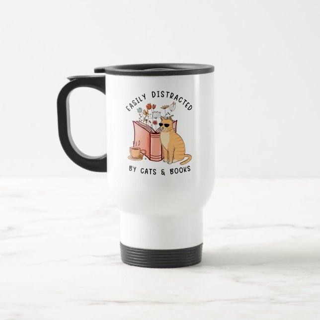 Easily Distracted By Cats & Books Travel Mug (Left)