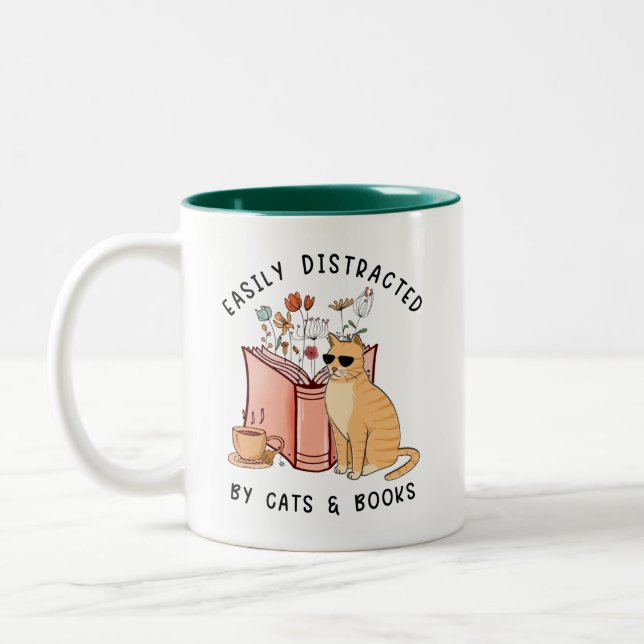 Easily Distracted By Cats & Books Two-Tone Coffee Mug (Left)