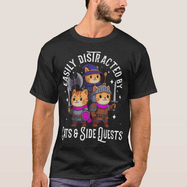 Easily Distracted By Cats Side Quests Funny Gamers T-Shirt (Front)