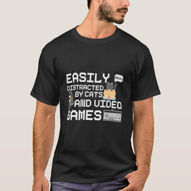 Easily Distracted By Cats Video Games Retro 8 Bit T-Shirt (Front)