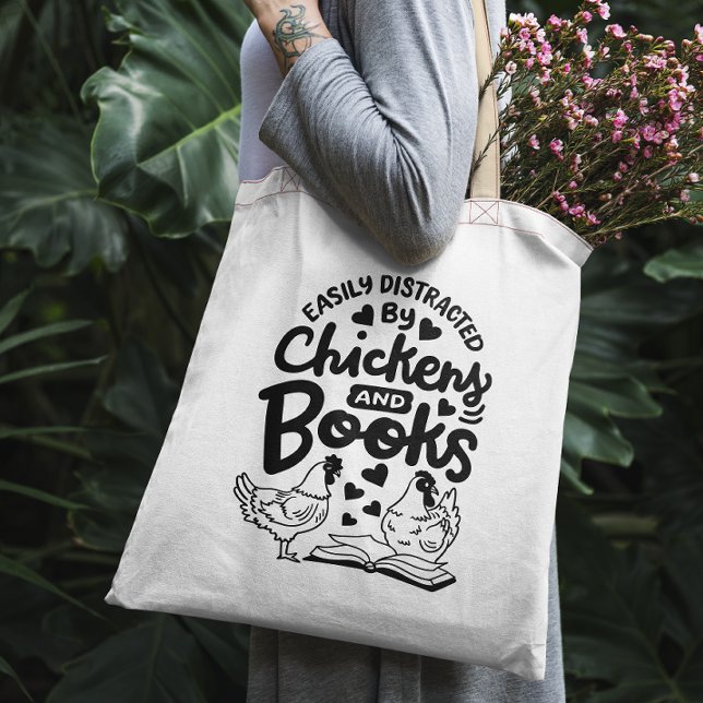"Easily distracted by chickens and books" funny  Tote Bag (Creator Uploaded)