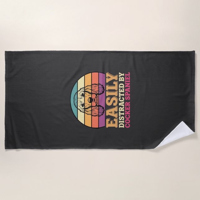 Easily Distracted By Cocker Spaniel Retro Dog Beach Towel (Front)
