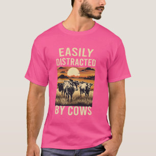 Easily Distracted By Cows Funny Cow Famers Retro V T-Shirt