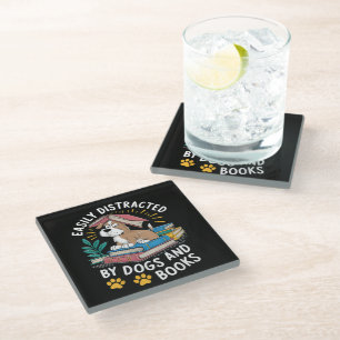 Easily Distracted by Dogs and Books Funny Pets Glass Coaster