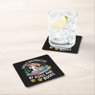 Easily Distracted by Dogs and Books Funny Pets Square Paper Coaster