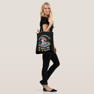 Easily Distracted by Dogs and Books Funny Pets Tote Bag