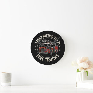 Easily Distracted By Fire Trucks Round Clock