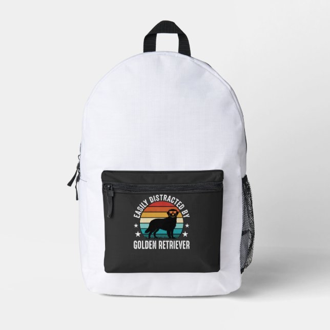 Easily Distracted by Golden Retriever Retro Sunset Printed Backpack (Front)