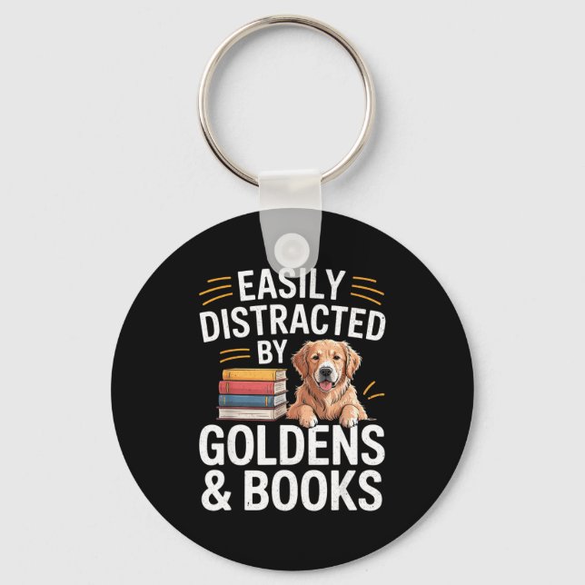 Easily Distracted By Goldens &amp; Books - Golden  Key Ring (Front)