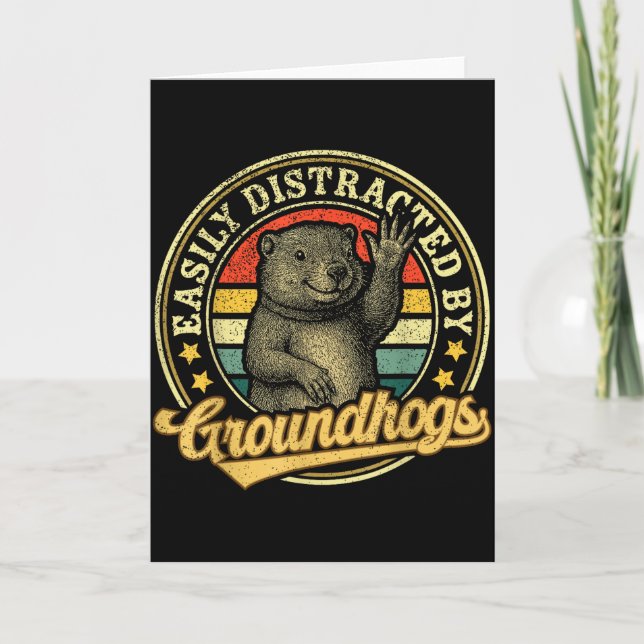 Easily Distracted By Groundhogs Funny Retro Animal Card (Front)