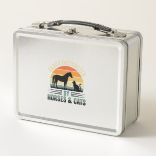 Easily Distracted By Horses And Cats Vintage Desig Metal Lunch Box