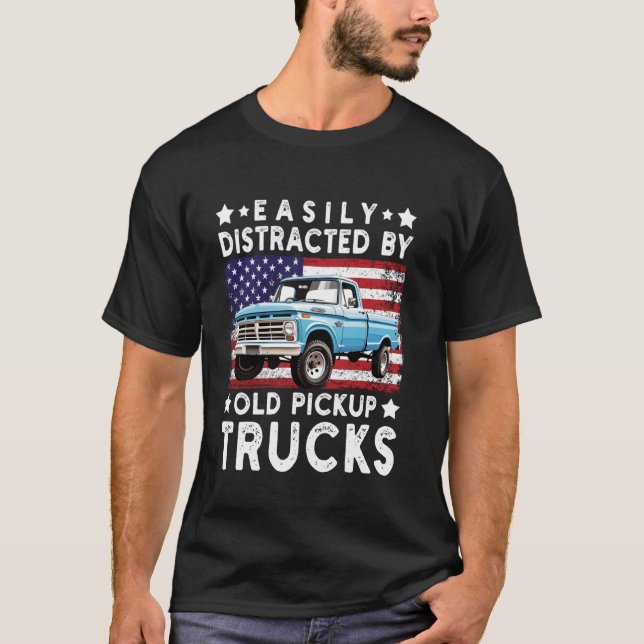 Easily Distracted By Old Pickup Trucks USA Flag Tr T-Shirt (Front)
