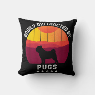 Easily Distracted By Pugs Retro Pug Dog Lover Cushion