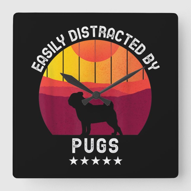 Easily Distracted By Pugs Retro | Pug Dog Lover Square Wall Clock (Front)