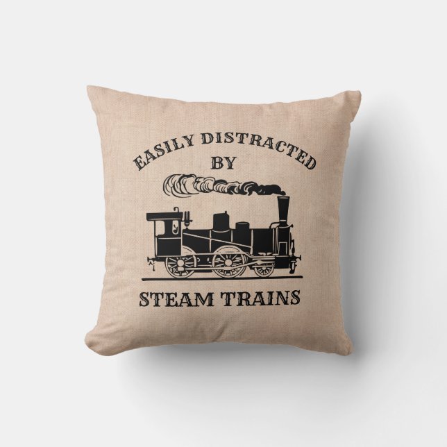 Easily Distracted by Steam Trains for Railroad Fan Cushion (Front)