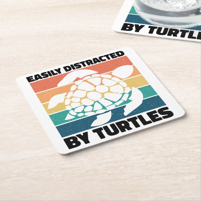 Easily Distracted By Turtles Funny Amphibian Cool Square Paper Coaster (Angled)