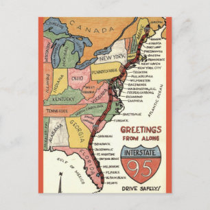 East Coast Hand-Coloured Map Postcard