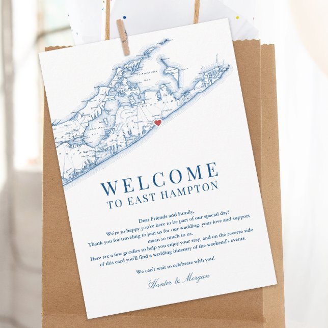 East Hampton Map Wedding Welcome Letter Navy Blue Thank You Card (East Hamtpon NY Map Wedding Welcome letter and weekend events itinerary in elegant navy blue)