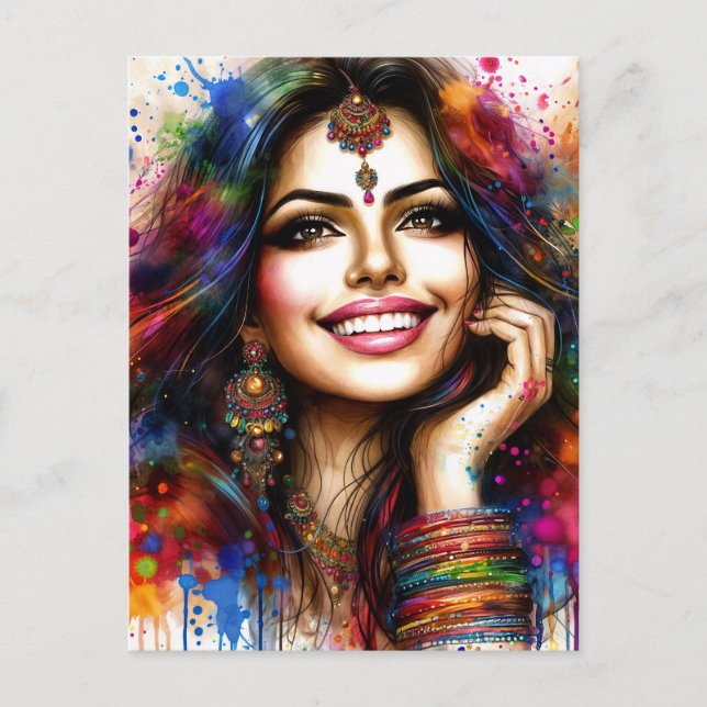 East Indian Beauty Colourful Festival Art Postcard (Front)