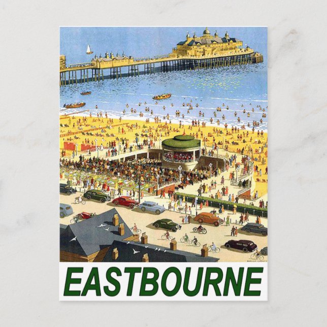 Eastbourne beach, areal view, vintage travel postcard (Front)