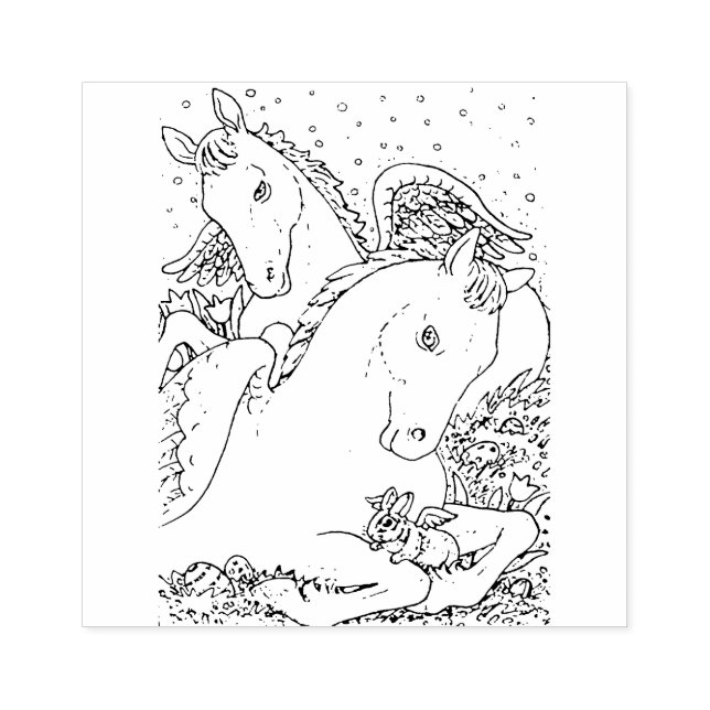 EASTER ANGEL PONIES & BUNNY, SPRING HORSE FEATHERS RUBBER STAMP (Imprint)